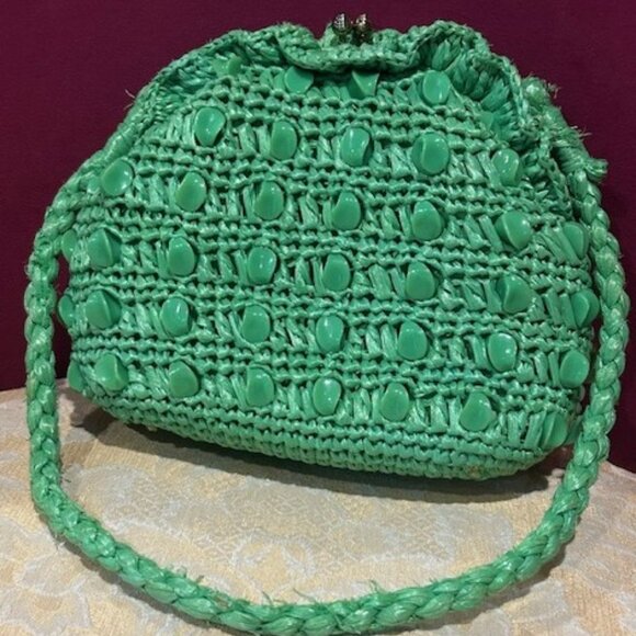 MAGID New York Handmade GREEN RAFFIA Beaded PURSE - Picture 2 of 8